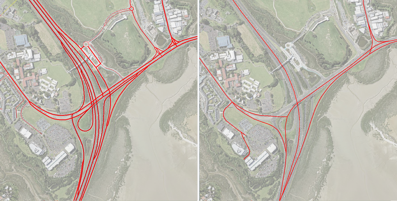 real-world road alignment, including dual carriageways